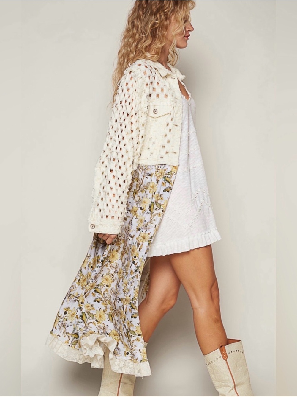 POL Crochet & Floral Duster Cardigan L 22” p2p Cream $115 Retail GUC - Picture 8 of 15